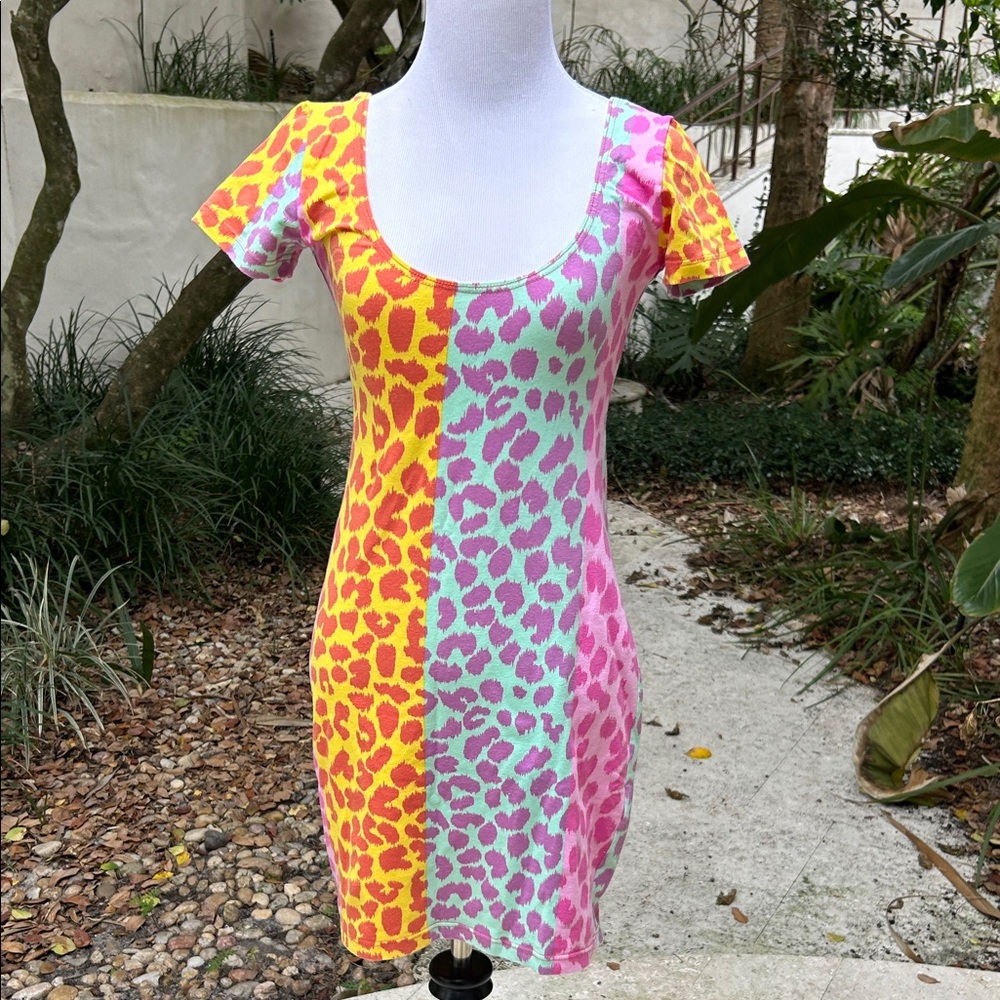 Colorblock Leopard Scoop Neck Mini Dress in Yellow, Mint & Pink